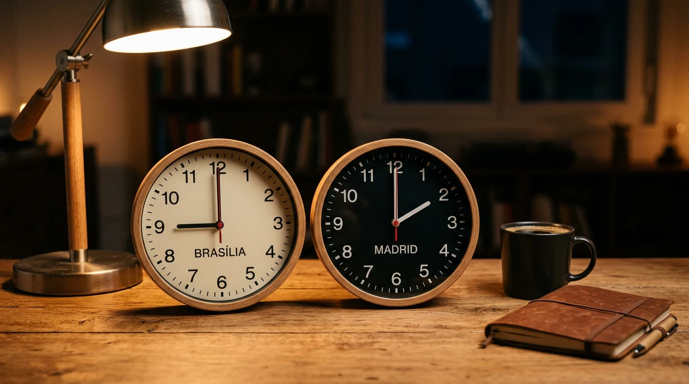 Dos relojes analógicos lado a lado mostrando horas de Brasil y España en mesa de escritorio