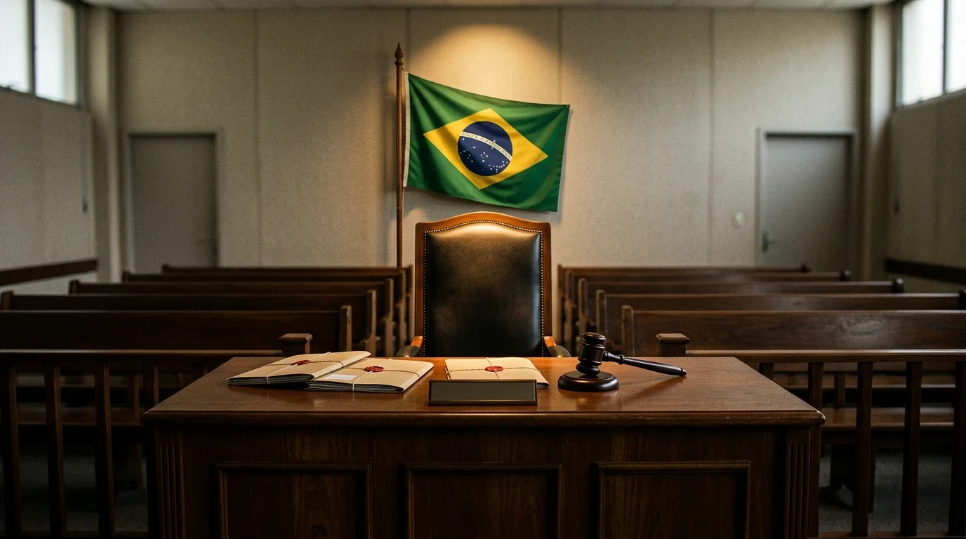 Sala institucional con juez firmando documentos, simbolizando la lucha contra la manipulación de partidos en Brasil